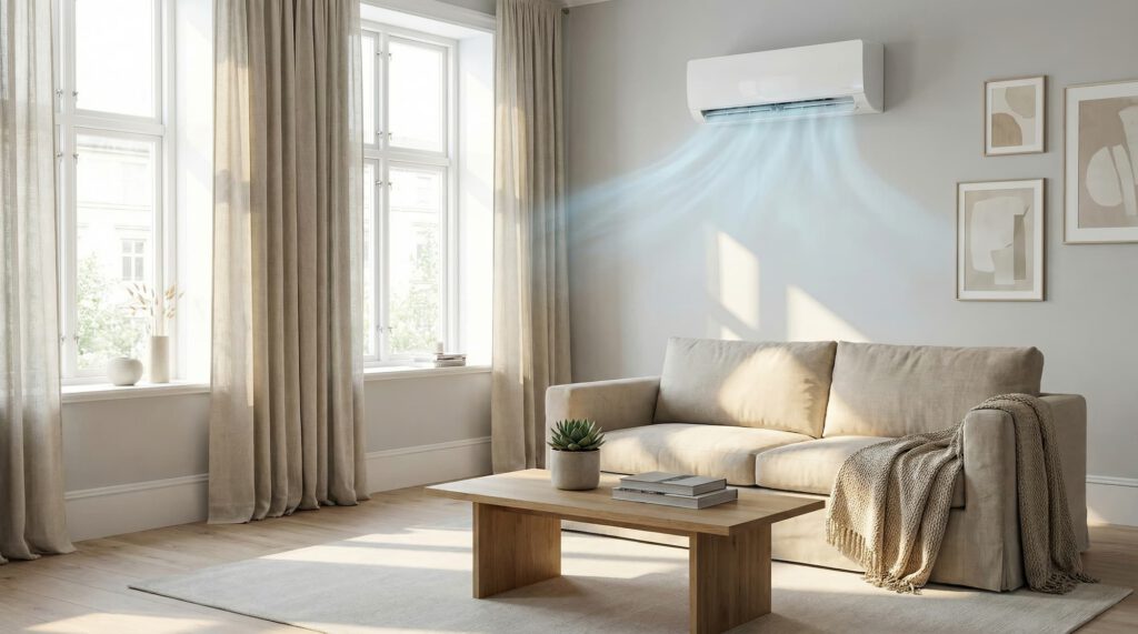 Wall-mounted split air conditioning unit cooling a modern bedroom with fresh airflow.