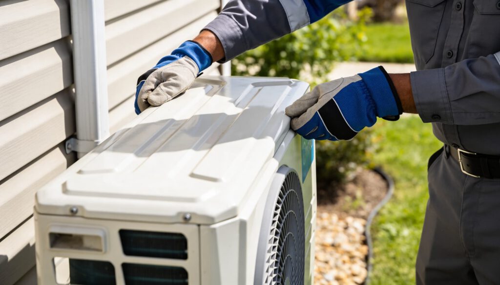Engineer removing the cover from an outdoor air conditioning condenser during maintenance.