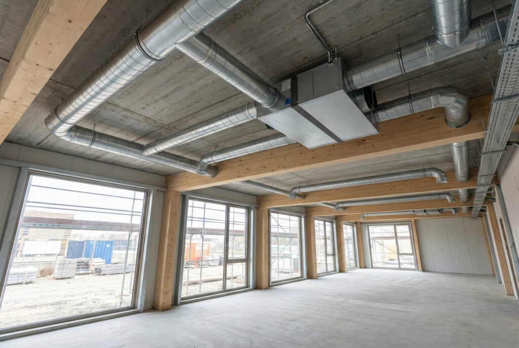 Commercial ventilation ductwork and HVAC system installed throughout a modern office building.