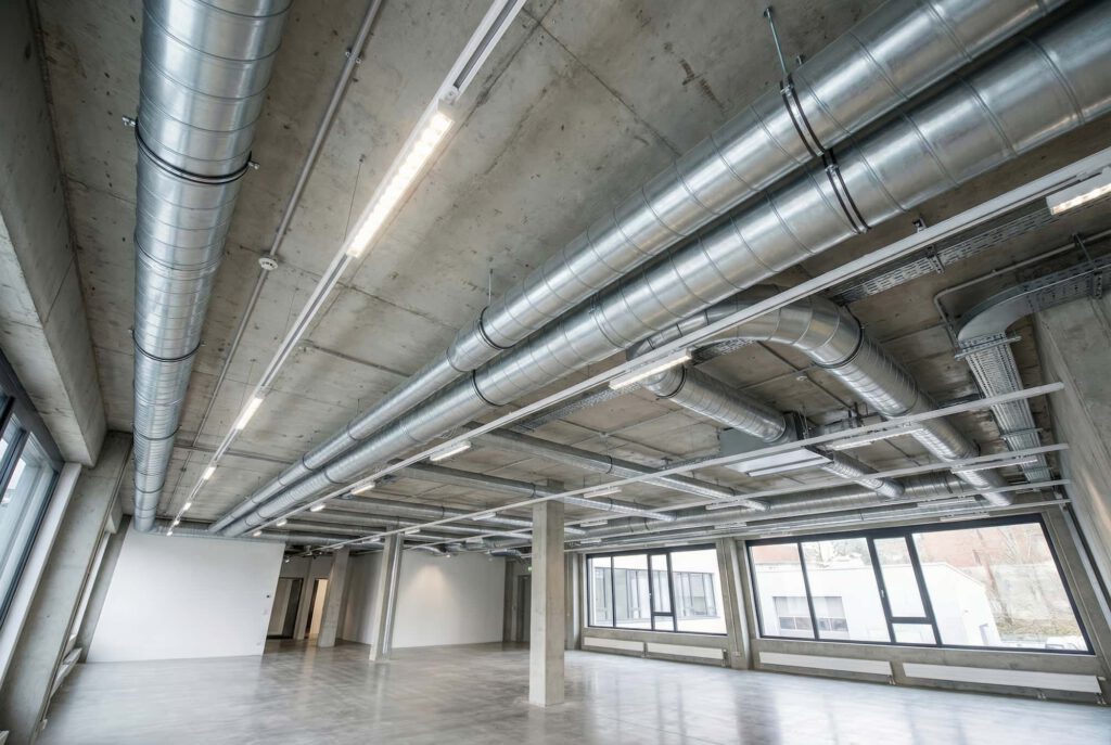 Industrial HVAC ducting and ventilation system fitted inside a commercial workspace.