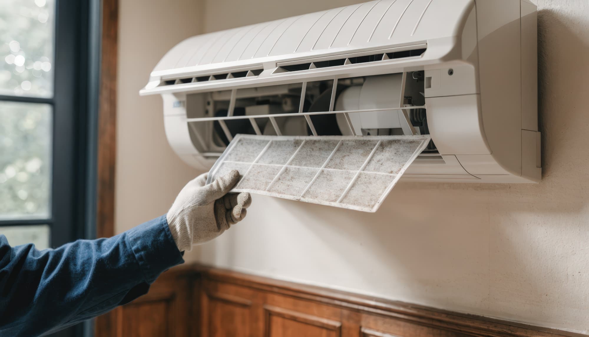 Dirty air conditioning filter being removed from a wall-mounted split system for cleaning.