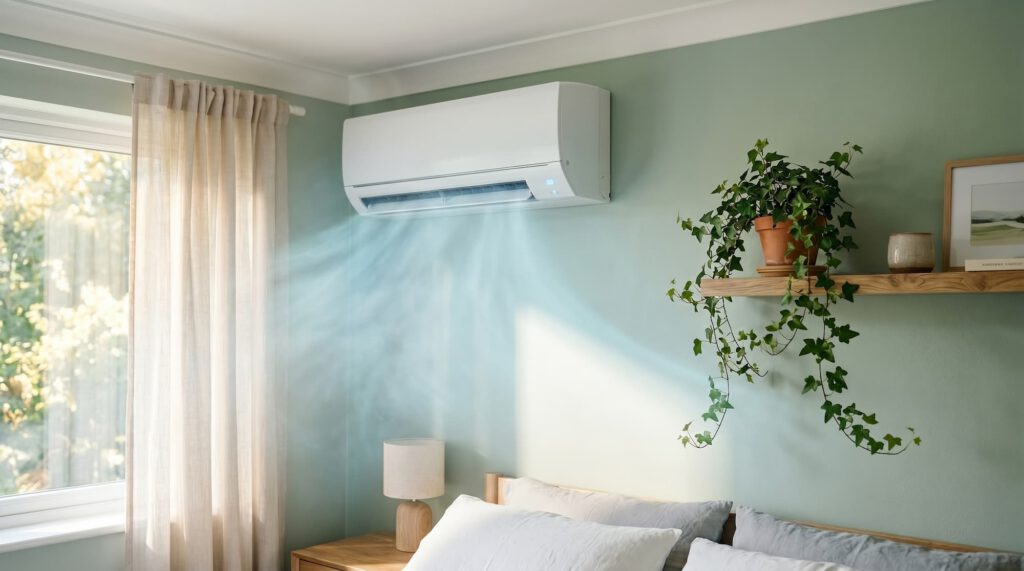 Wall-mounted split air conditioning unit cooling a modern bedroom with fresh airflow.