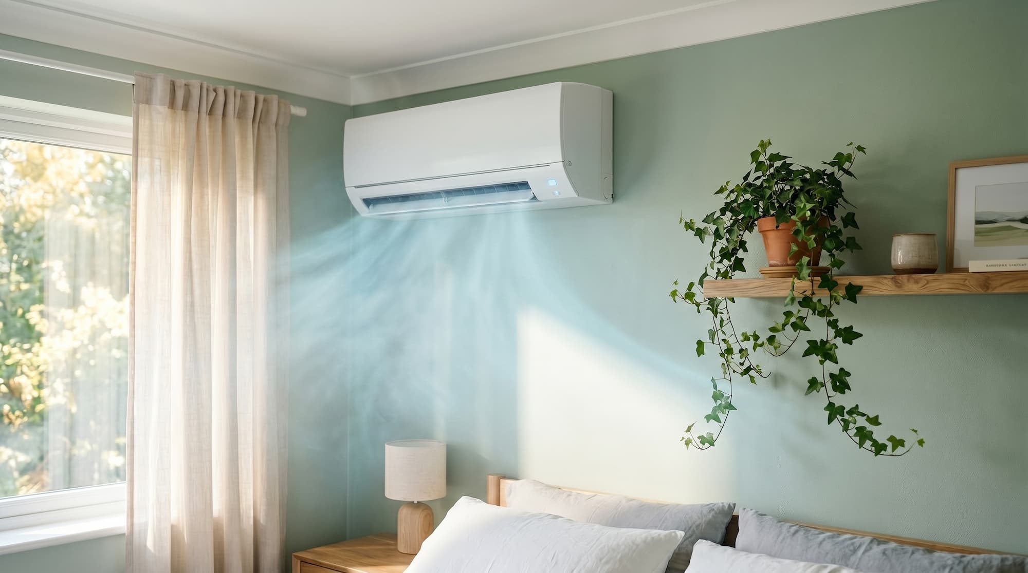 Wall-mounted split air conditioning unit cooling a modern bedroom with fresh airflow.