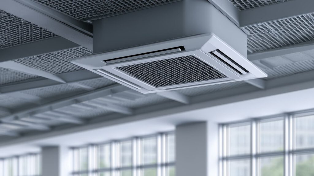 Ceiling cassette air conditioning unit installed within a suspended commercial ceiling.