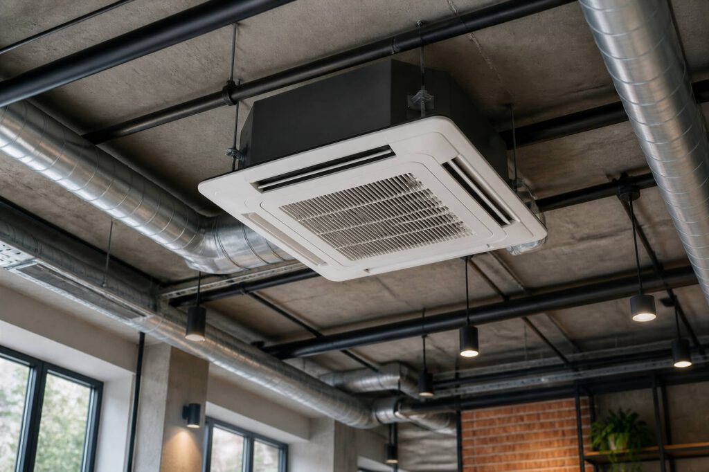 Commercial ceiling cassette air conditioning system integrated into an industrial office interior.