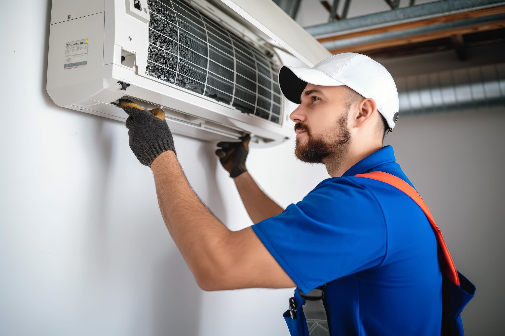 Engineer servicing the indoor unit of a wall-mounted air conditioning system.