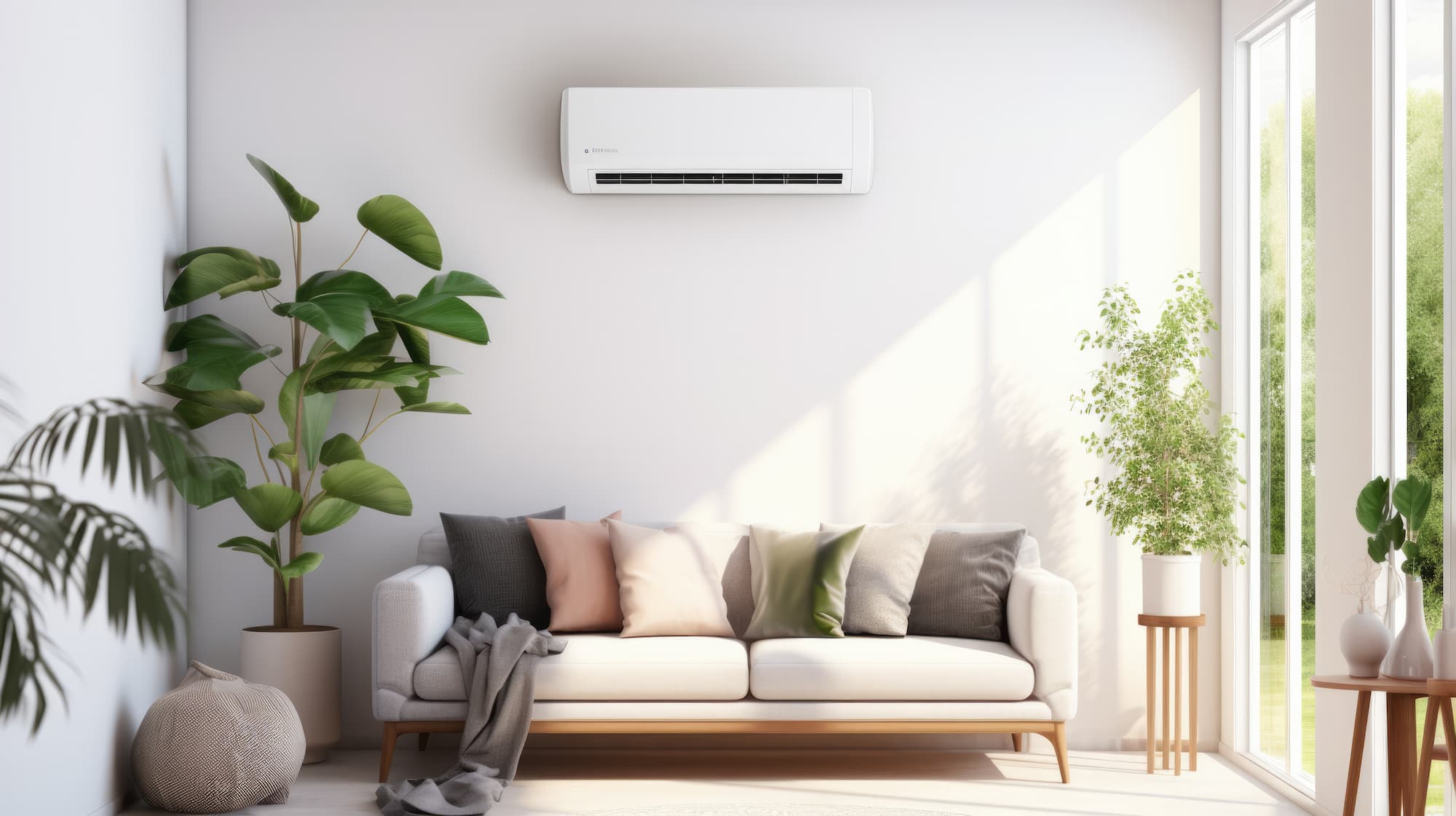 Engineer servicing the indoor unit of a wall-mounted air conditioning system.