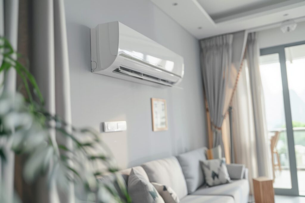 Contemporary home interior with a wall-mounted split air conditioning system.