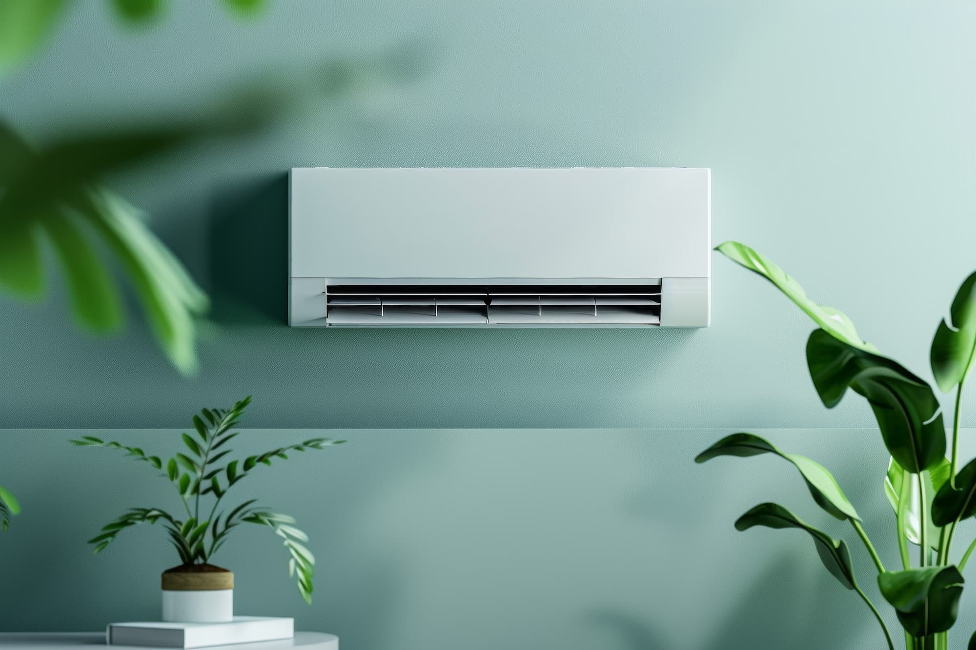 Modern wall-mounted air conditioning unit surrounded by indoor plants.